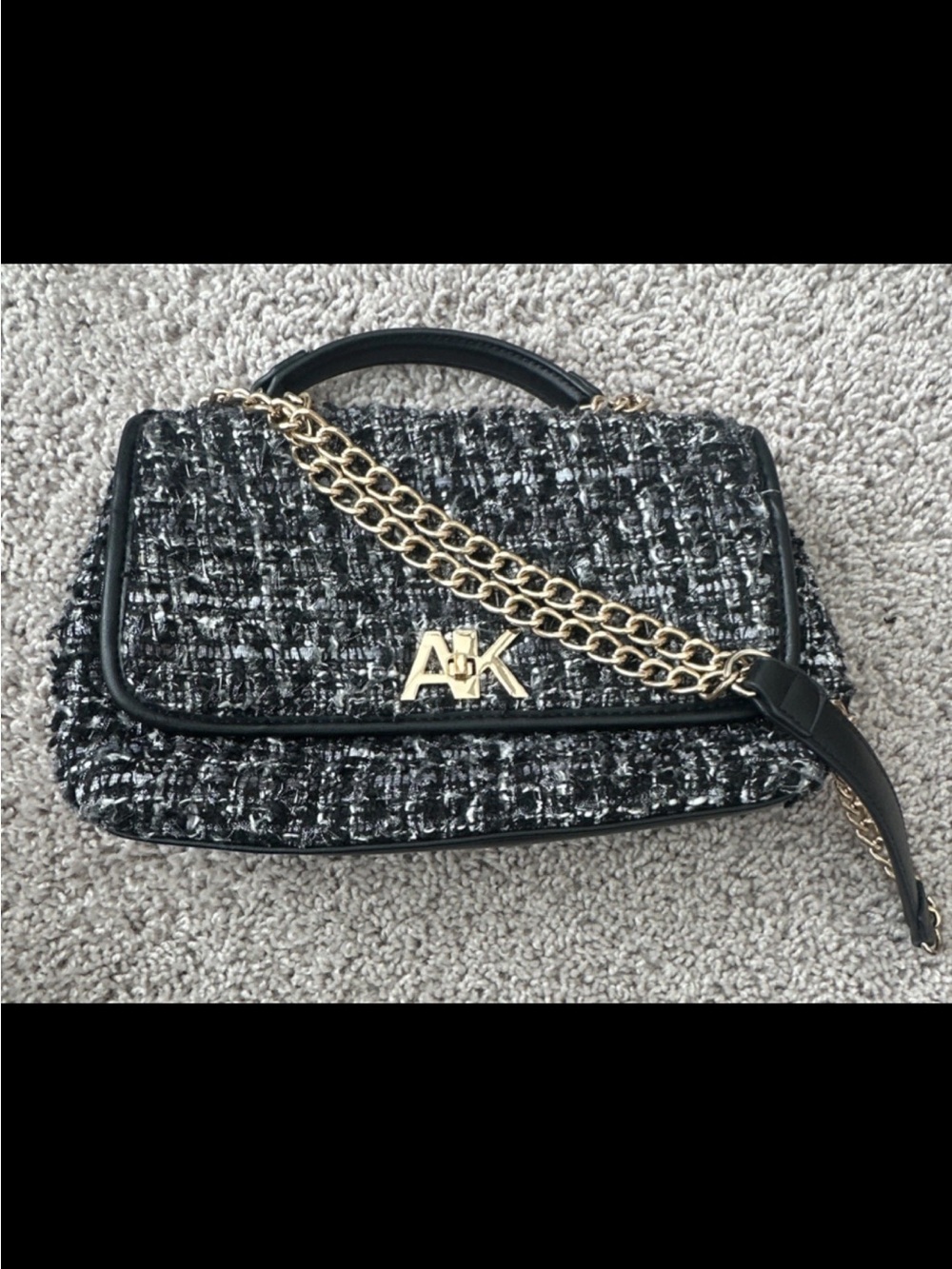 Anne Klein Black White Tweed Logo Crossbody Bag Gold Chain Strap